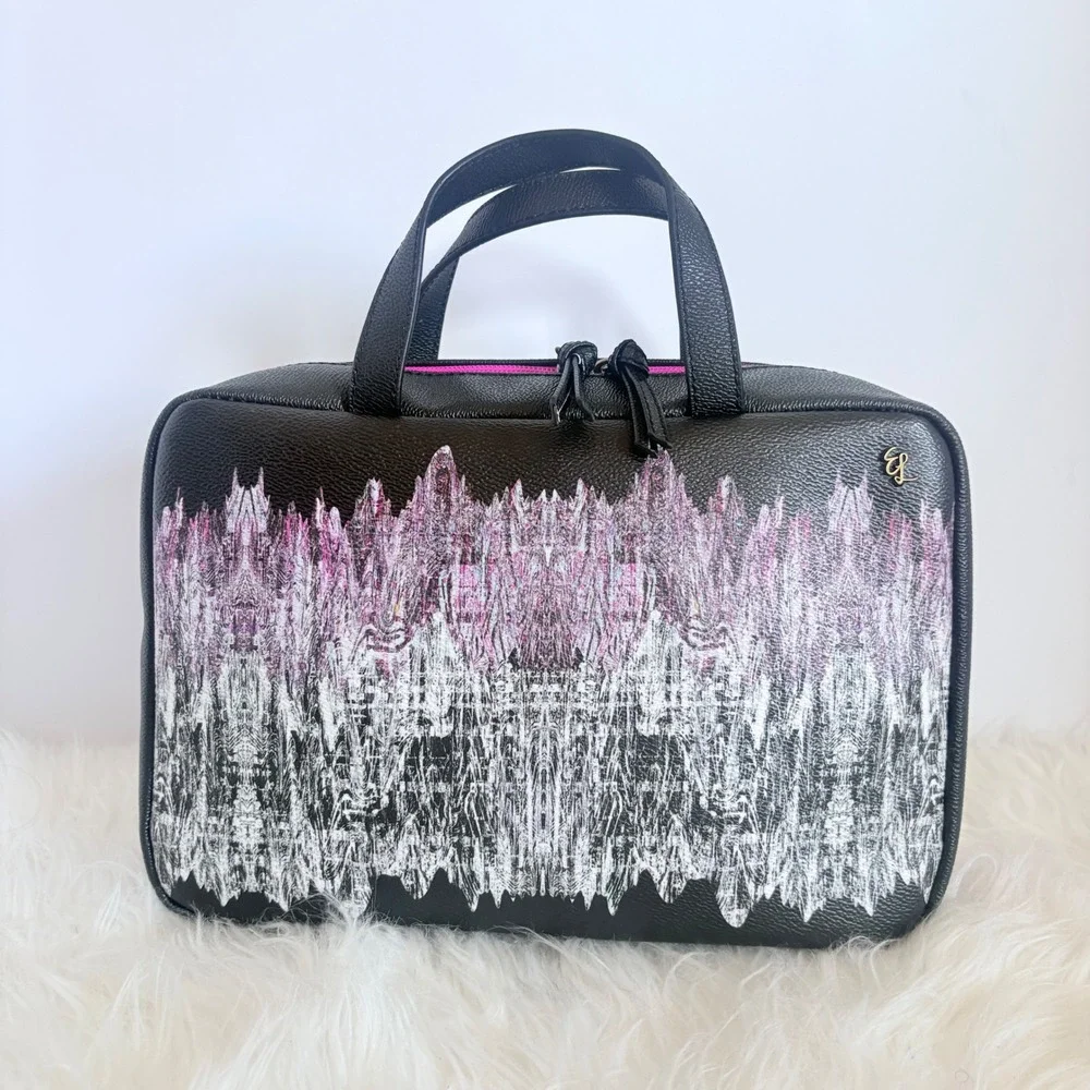 Elliott Lucca Black Pink Abstract Print Cosmetic Case Bag Double Handle Zip